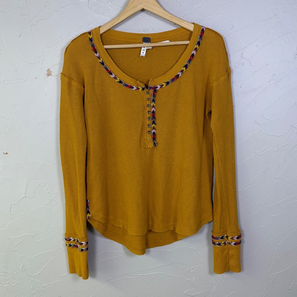 We The Free Free People Henley Top Women Medium Mustard Yellow Waffle Knit‎ Boho
